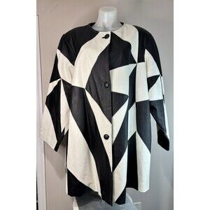 Vtg. VIA ACCENTI Leather Shell Coat Size B6 Black & White Modern Geometric Panel